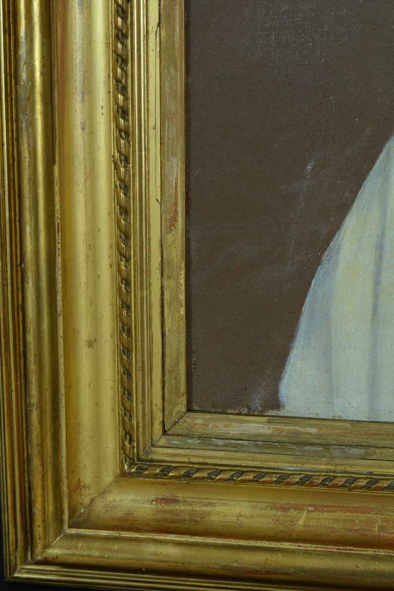 Ancien Tableau Portrait Jeune Femme Costume Robe Mode Dentelle Charlotte 1840-photo-5