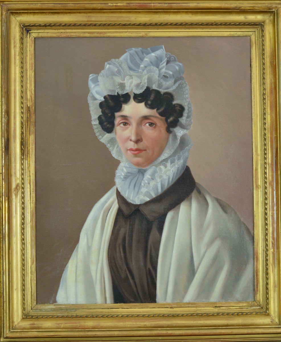 Ancien Tableau Portrait Jeune Femme Costume Robe Mode Dentelle Charlotte 1840-photo-8