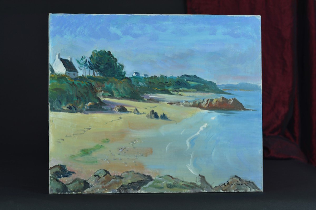 André Chochon Old Breton Marine Painting Saint Jacut De La Mer Beach Signed-photo-5