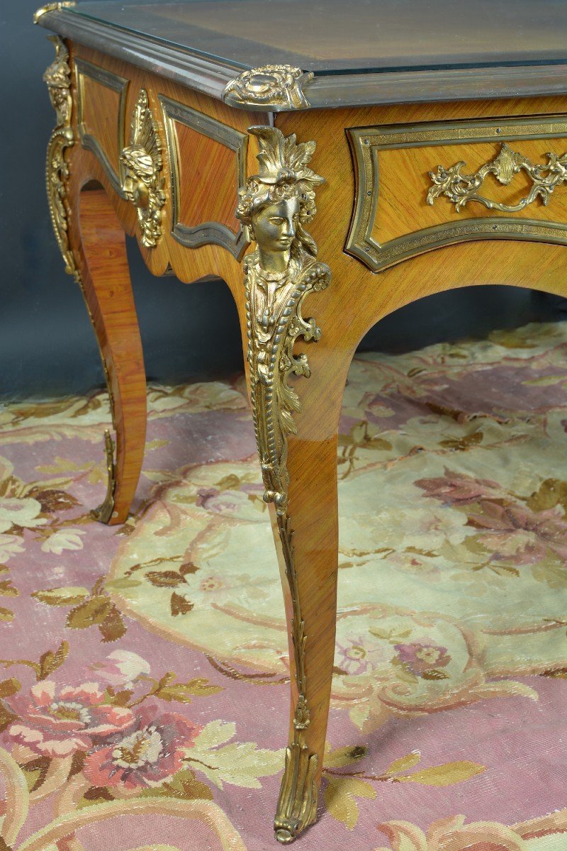 Charles Cressent  Ancien Bureau Plat Ministre  Louis XV Bronze Doré Espagnolettes Meuble décor rangement -photo-3