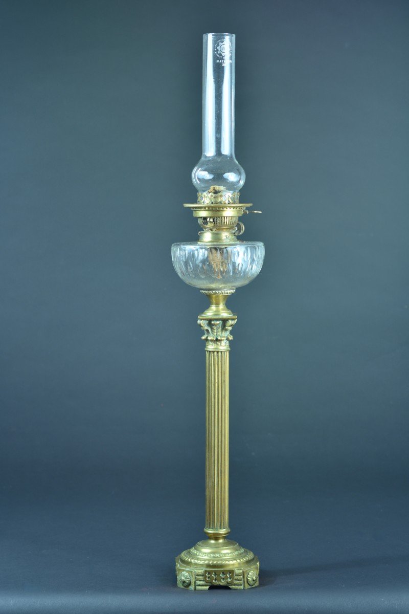 Old Large Oil Lamp Bronze Baccarat Louis XVI Corinthian Column-photo-5