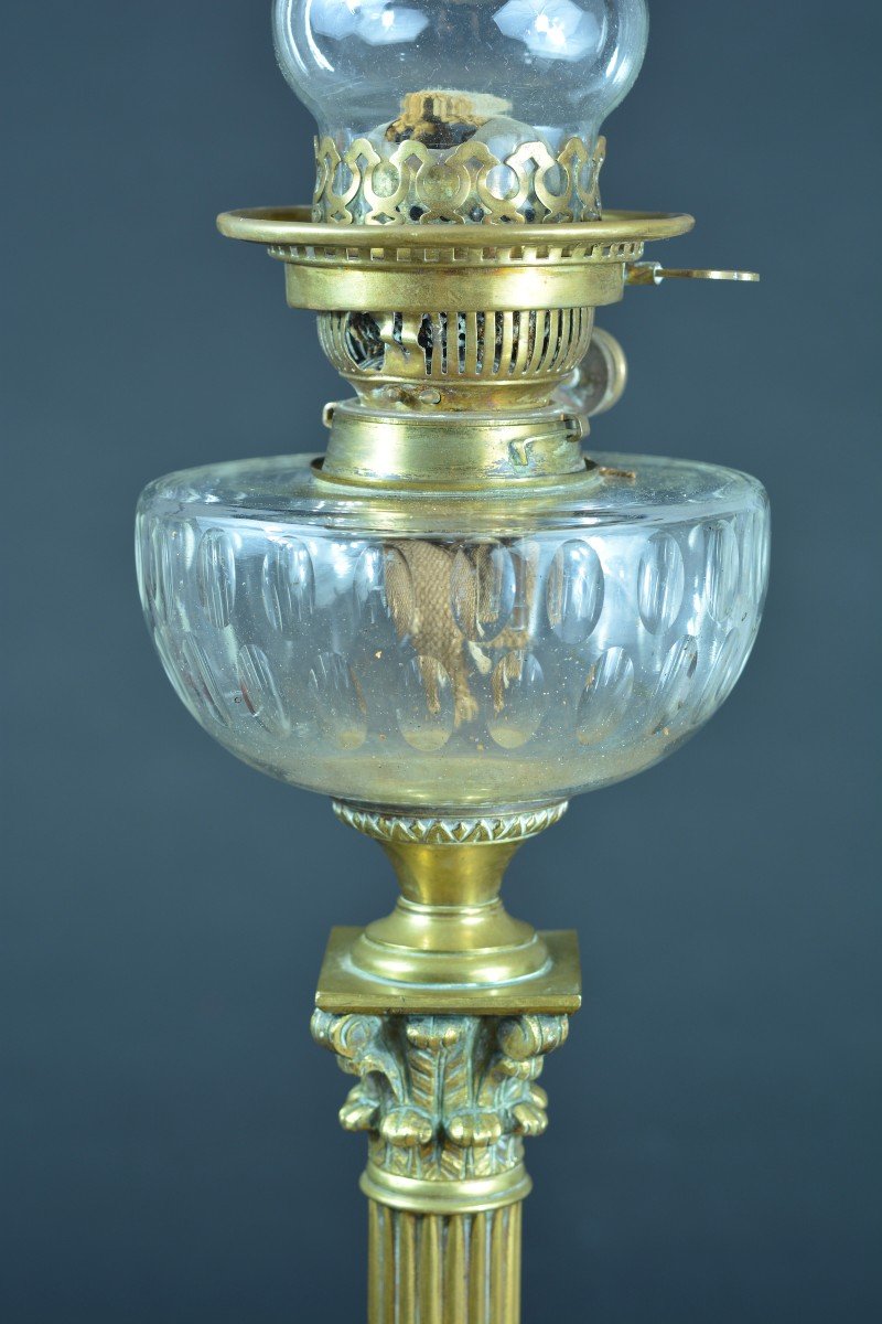 Old Large Oil Lamp Bronze Baccarat Louis XVI Corinthian Column