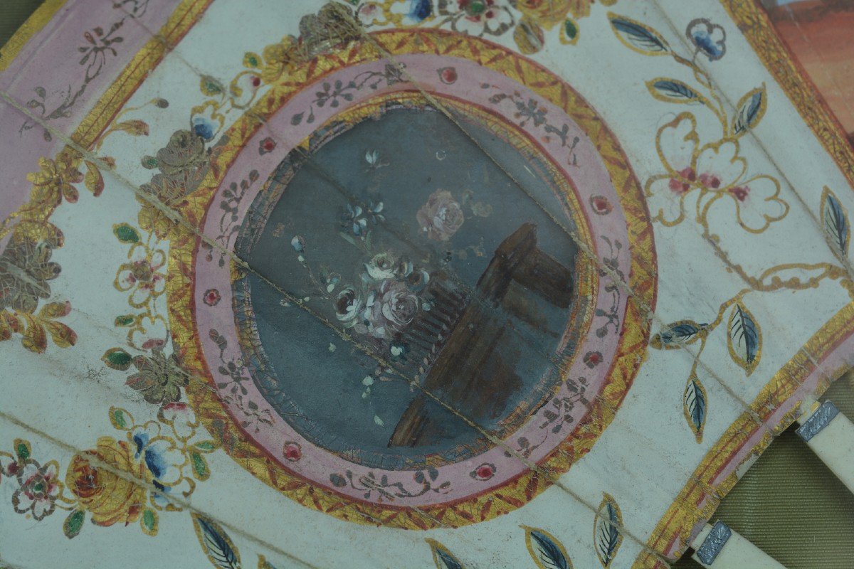 Old Fan Decor Painted Galante Scene Golden Wood Frame Louis XVI 18th-photo-1