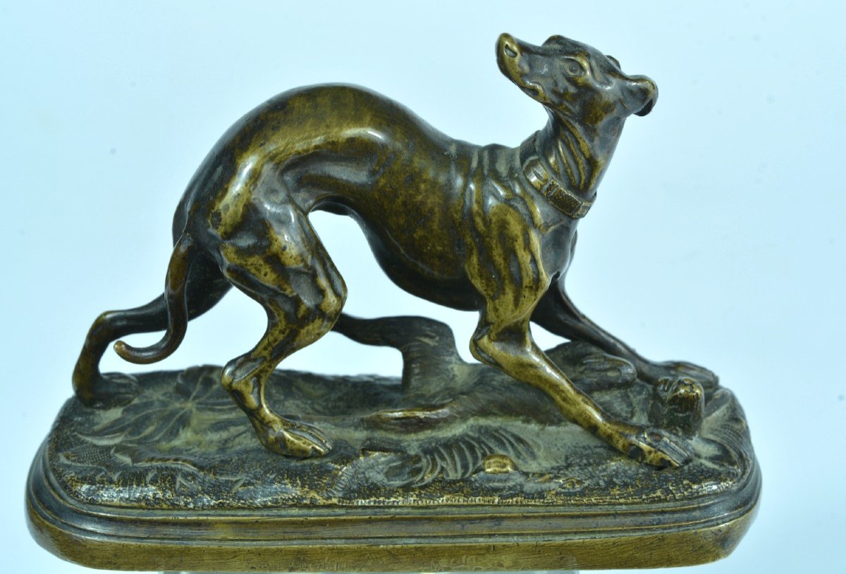 Jules Moignez Ancien Bronze Animalier Lévrier Au Lièvre De Collection N°5 19ème -photo-2