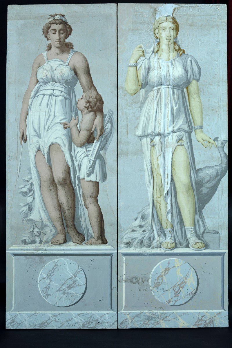 Ancien Paravent Tableau Papier Peint Gouache Rome Antique Muse Ange 19 ème Décor