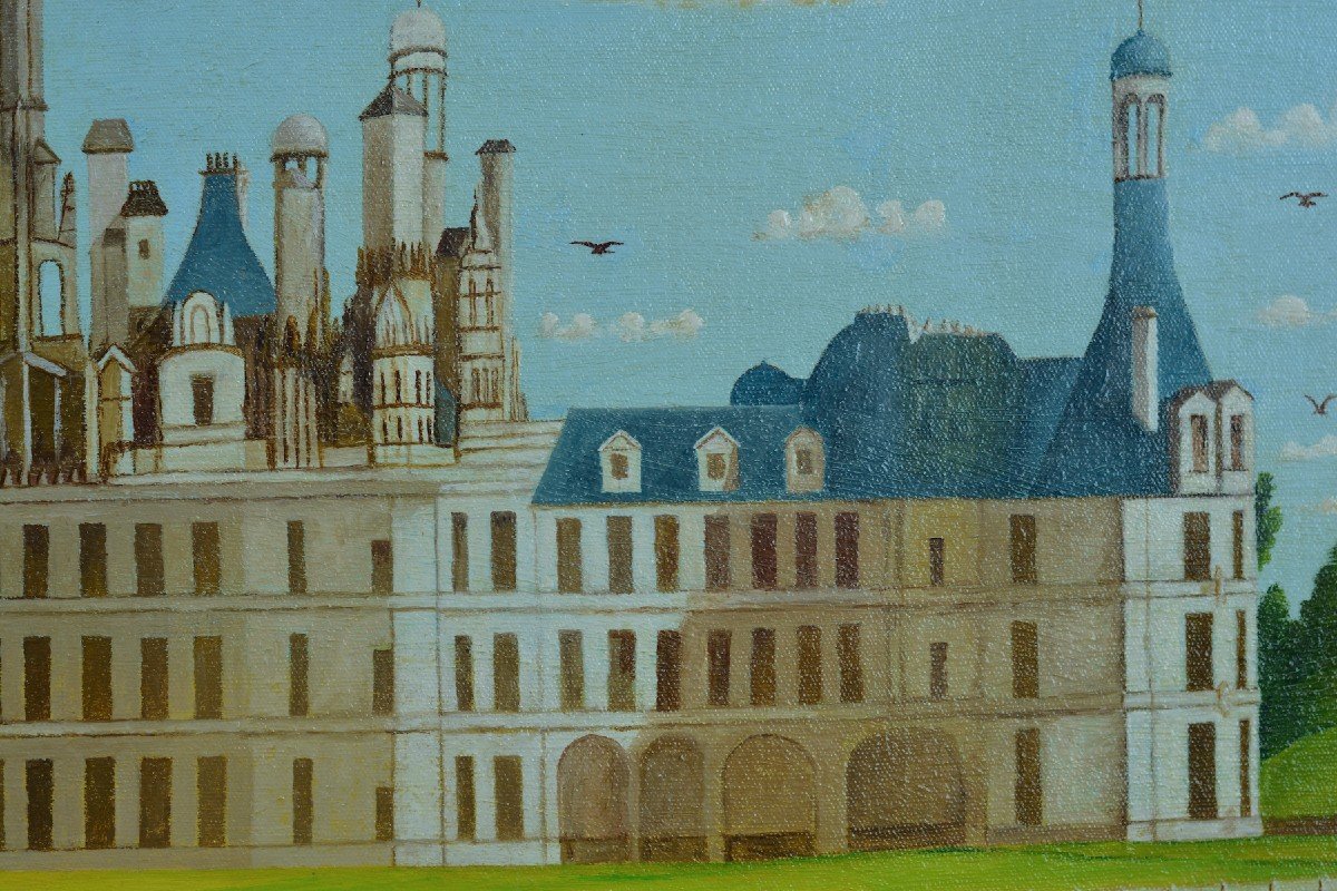 Daniel Ferrara Tableau Ancien Naif  Vue Du Château De Chambord 15 P Galerie XX èm-photo-4