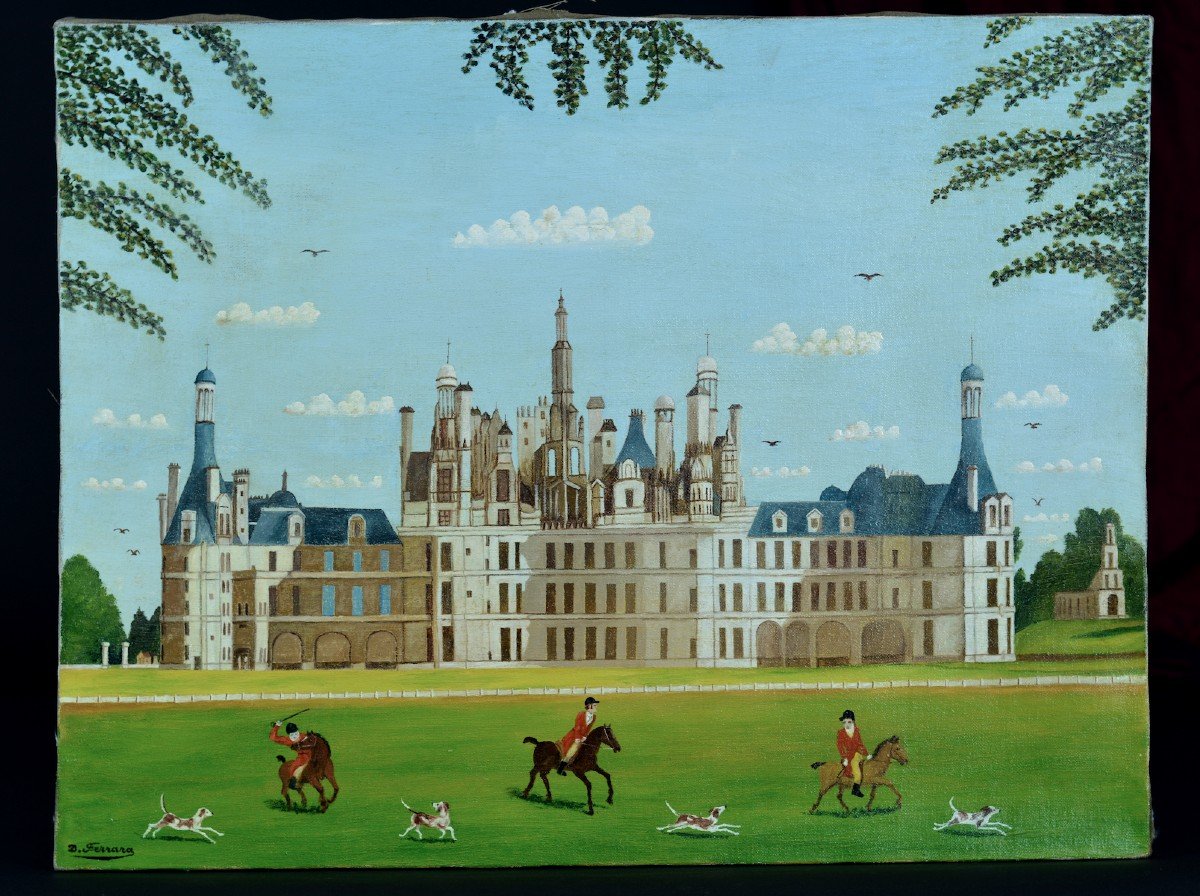 Daniel Ferrara Tableau Ancien Naif  Vue Du Château De Chambord 15 P Galerie XX èm-photo-5