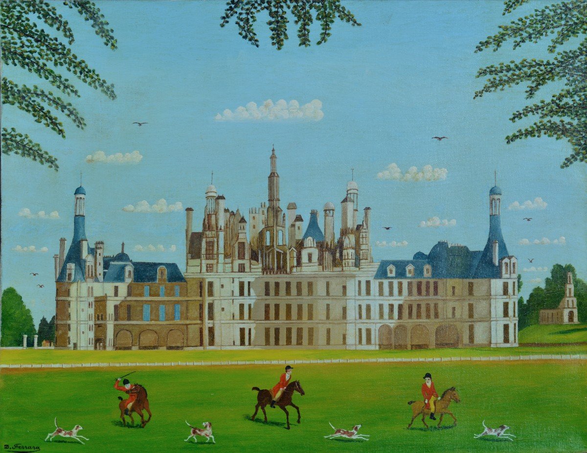 Daniel Ferrara Tableau Ancien Naif  Vue Du Château De Chambord 15 P Galerie XX èm