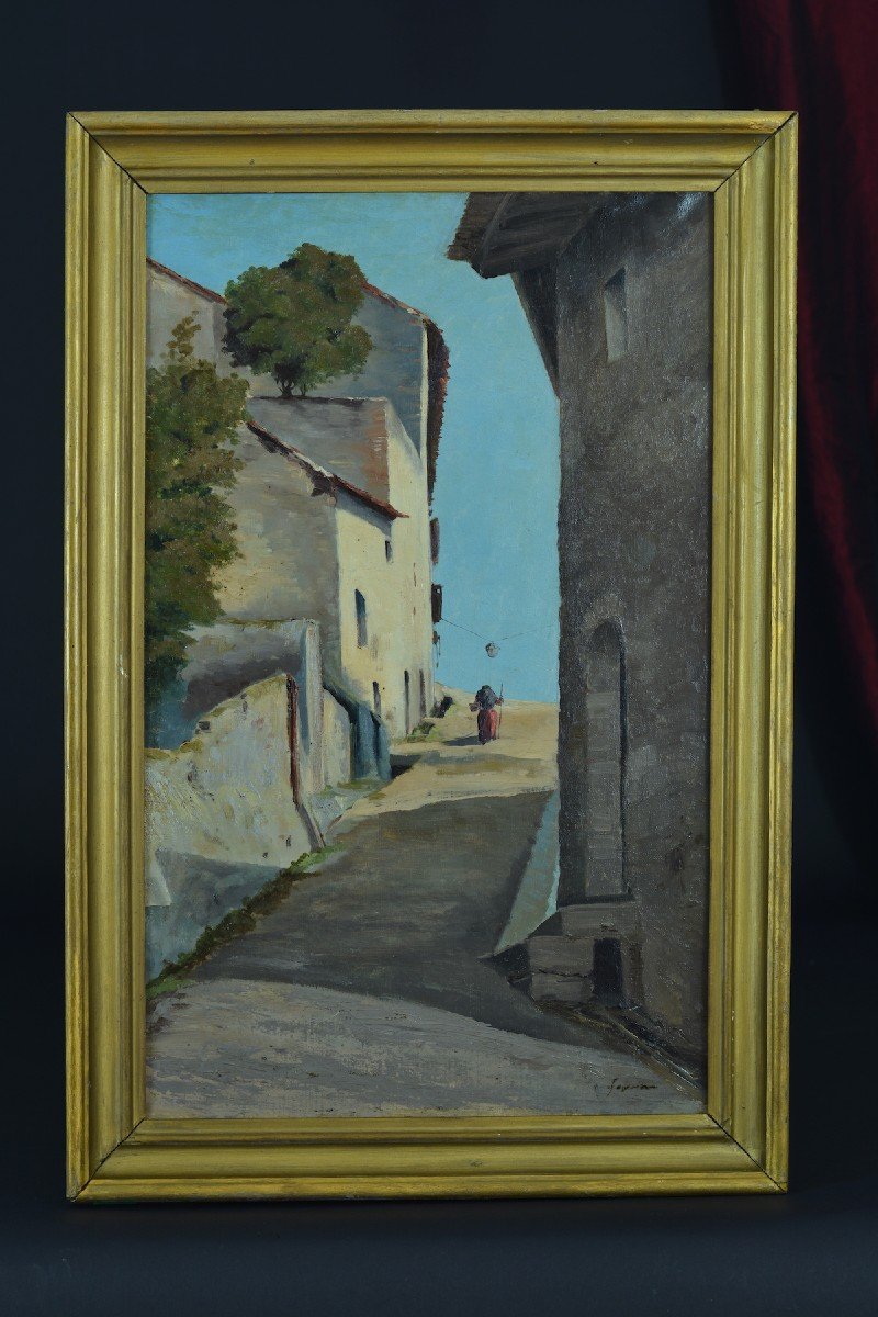 Ancien Tableau Portrait Provence Italie Paysanne Rue Village Lanterne 19e Signé Cadre-photo-2