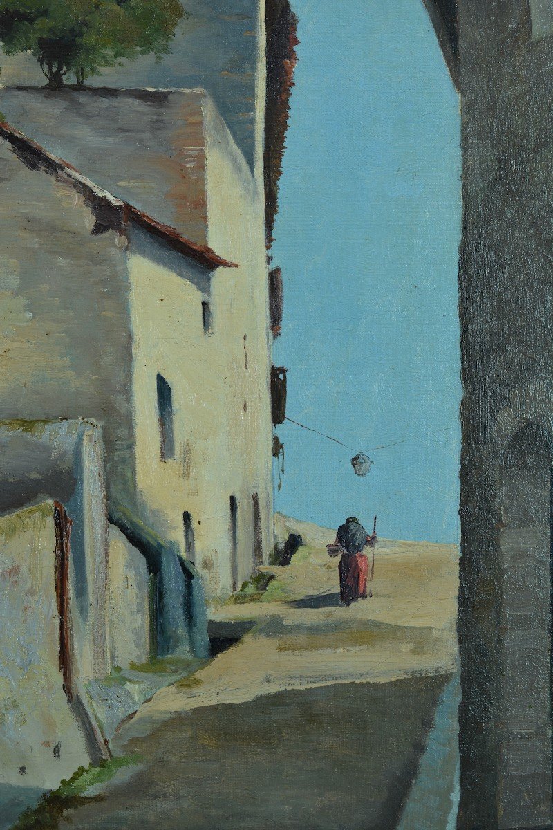 Ancien Tableau Portrait Provence Italie Paysanne Rue Village Lanterne 19e Signé Cadre-photo-1