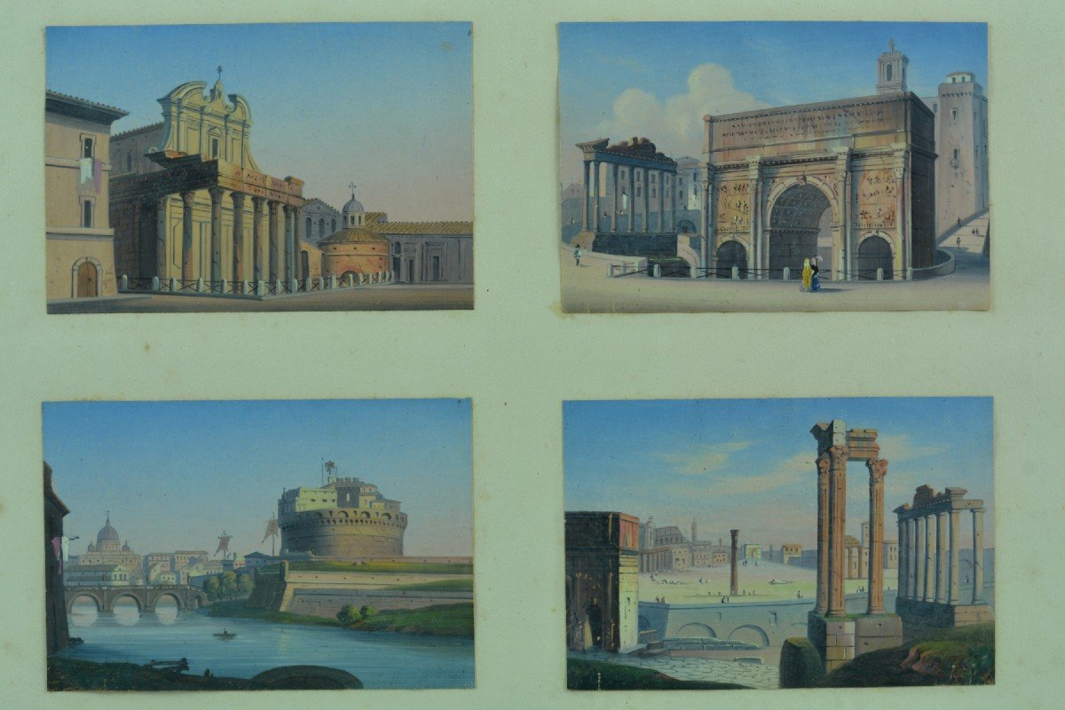 Old Painting View Of Italy Rome Grand Tour Saint Angel Colosseum Vedute X 8 19th Travel Frame-photo-2