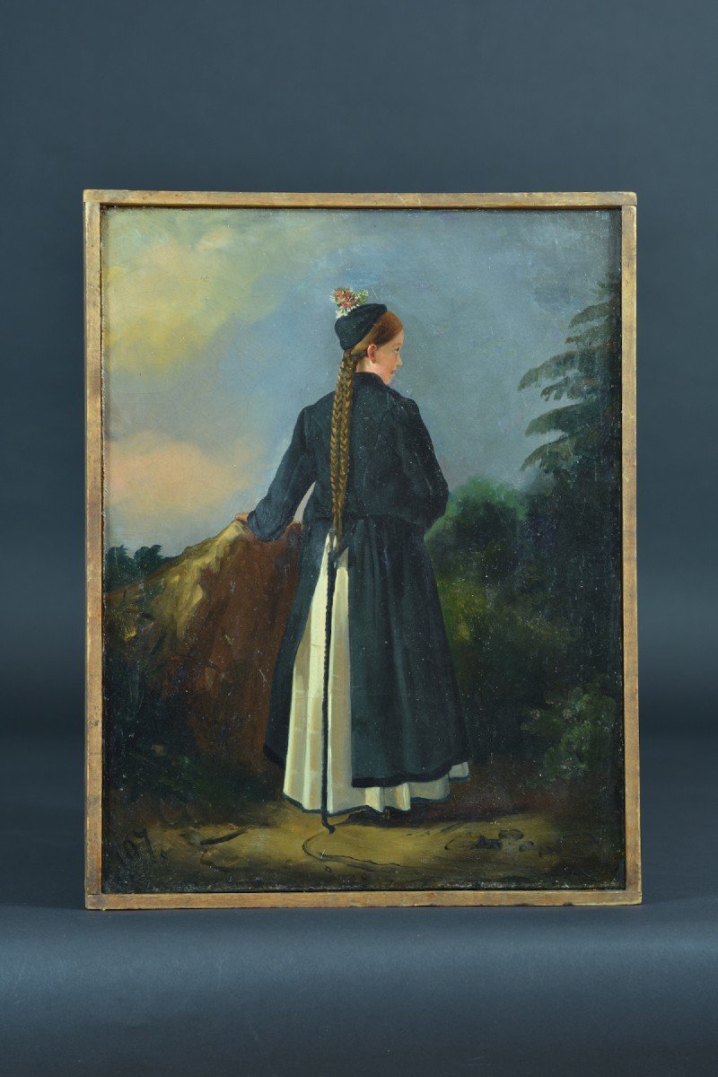 Ancien Tableau Portrait De Jeune Femme Suisse Costume Traditionnel Coiffe Hst-photo-2