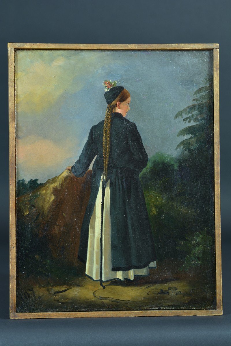 Ancien Tableau Portrait De Jeune Femme Suisse Costume Traditionnel Coiffe Hst-photo-3