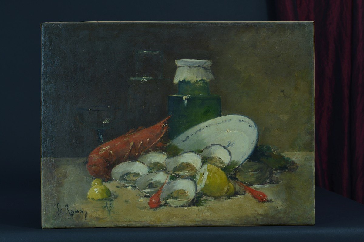 Constantin Le Roux Ancien Tableau Nature Morte Huître Homard Bocal Verre Cuisine 19e-photo-3