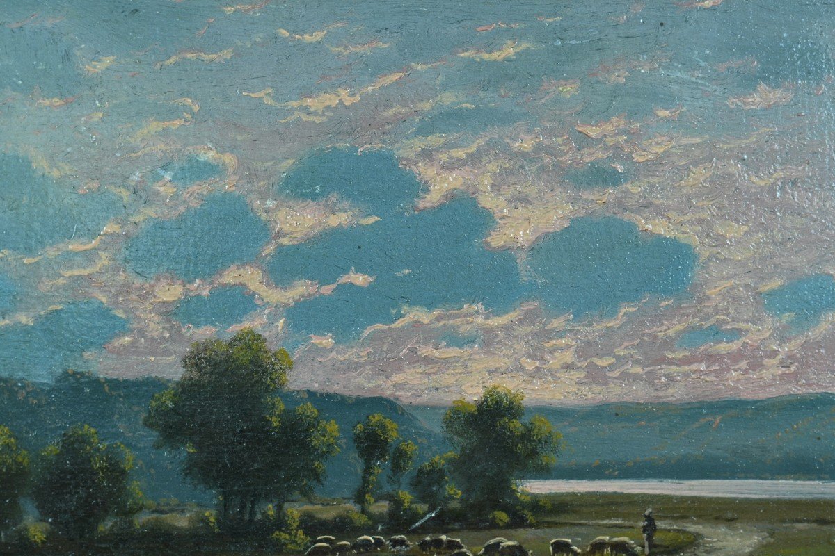 Arres Lapoque Old Painting Sunset Landscape Lot Dordogne Shepherd Herd-photo-1