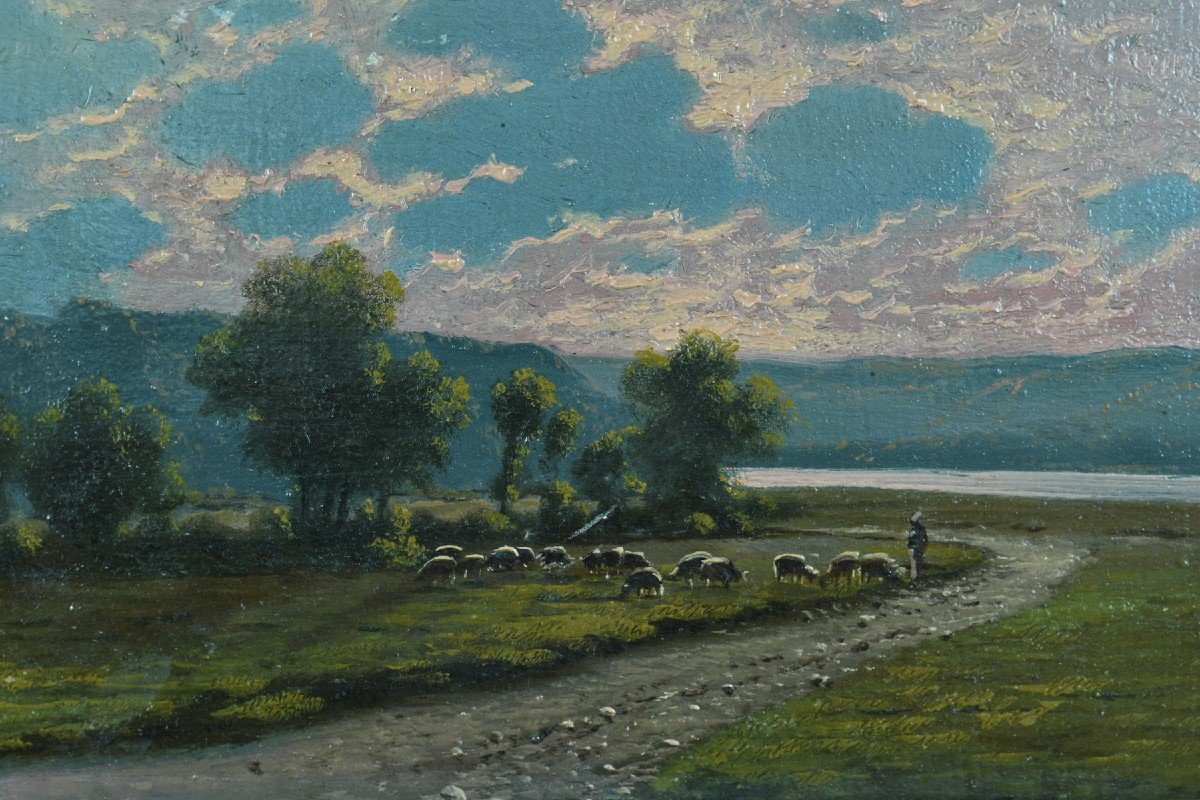 Arres Lapoque Old Painting Sunset Landscape Lot Dordogne Shepherd Herd-photo-2