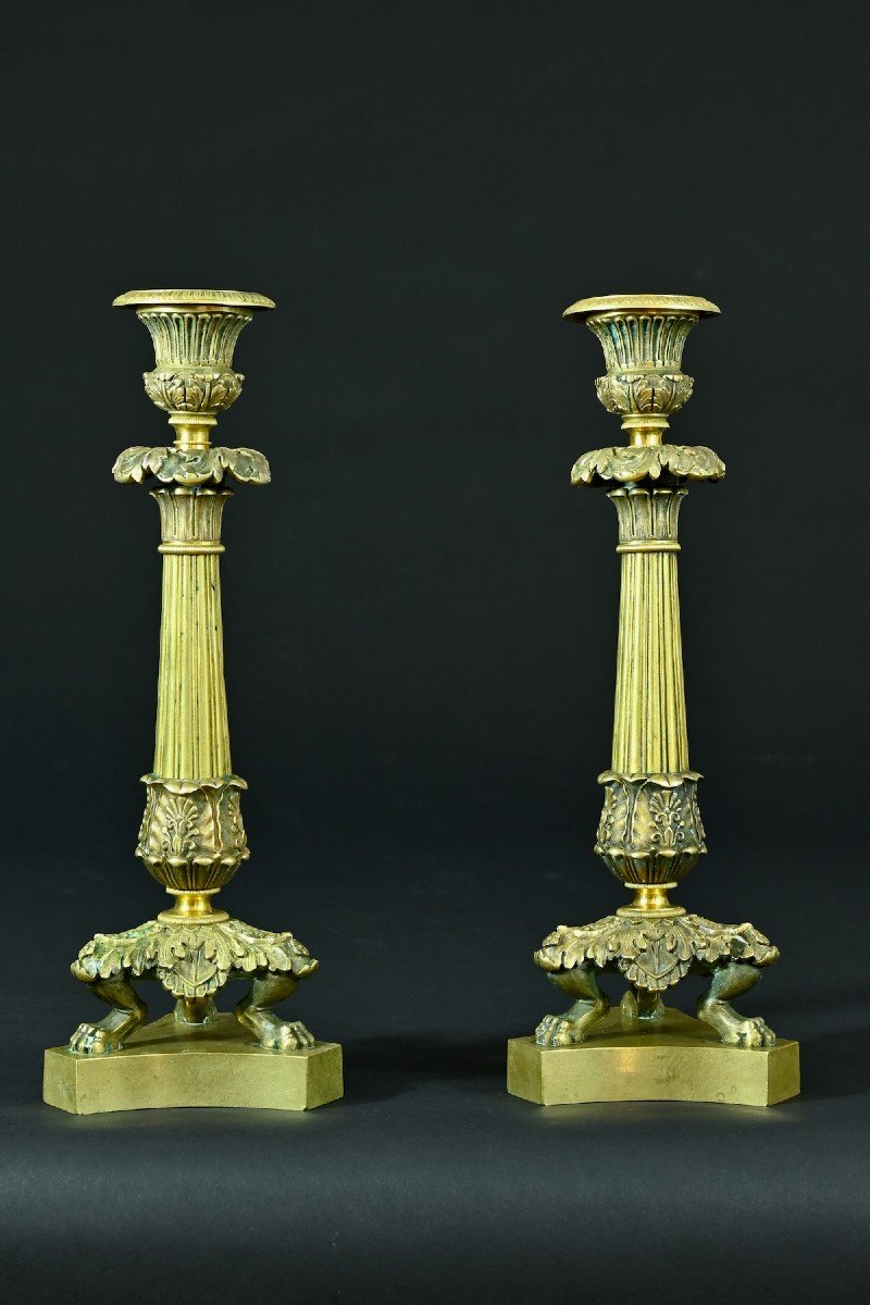 Ancienne Paire De Bougeoirs Empire Pied Griffe Bronze Doré 1820 Candélabres 19e-photo-2