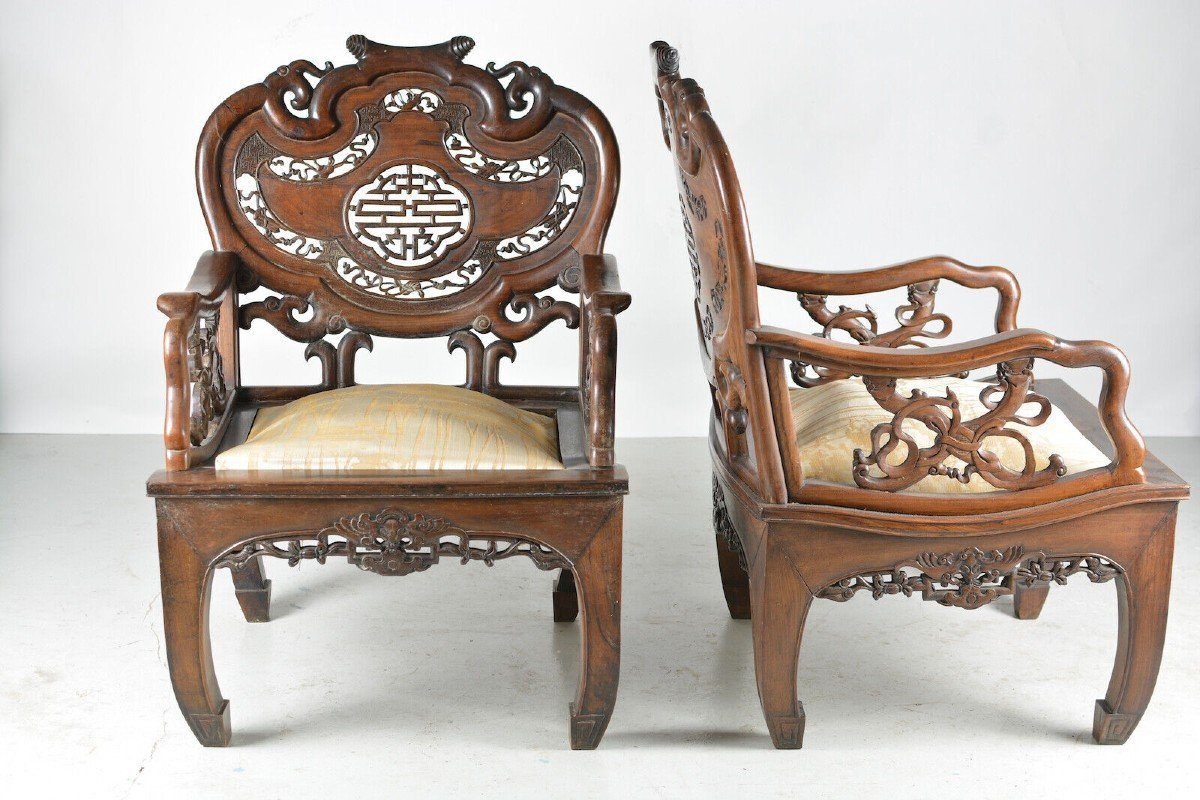 Old Salon China Indochina Art Nouveau Iron Wood 1900 4 Carved Armchairs Bat-photo-3