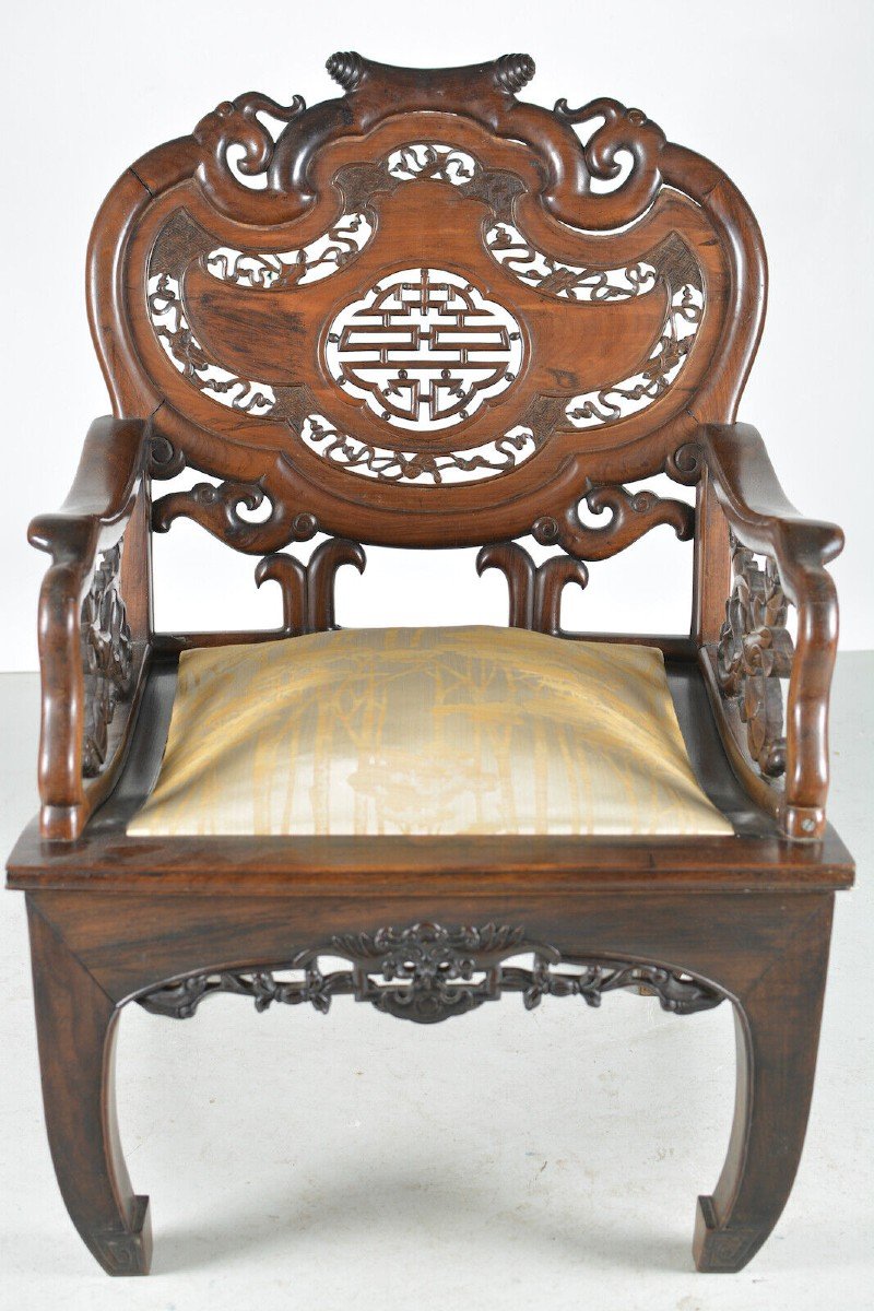 Old Salon China Indochina Art Nouveau Iron Wood 1900 4 Carved Armchairs Bat-photo-4