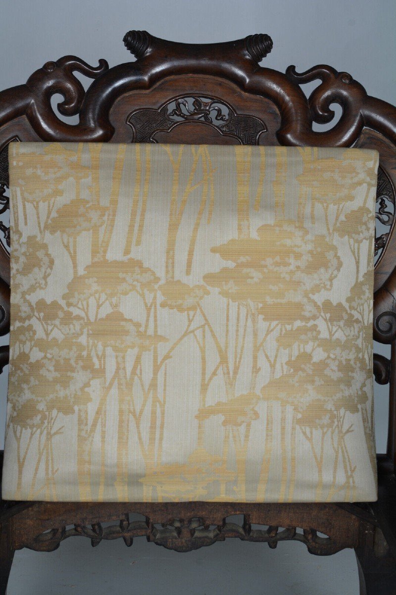 Old Salon China Indochina Art Nouveau Iron Wood 1900 4 Carved Armchairs Bat-photo-1