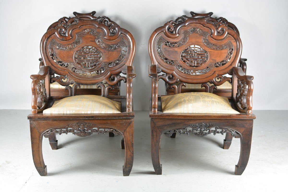 Old Salon China Indochina Art Nouveau Iron Wood 1900 4 Carved Armchairs Bat-photo-3