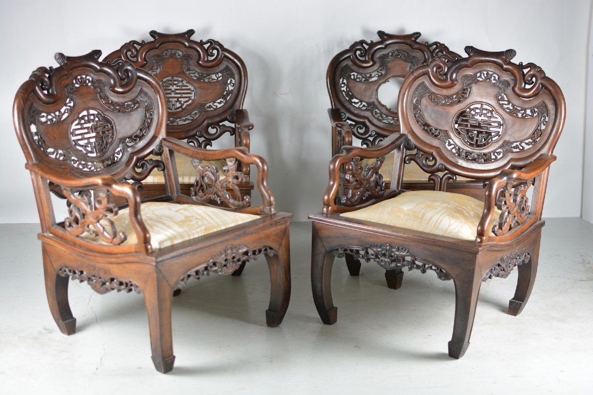 Old Salon China Indochina Art Nouveau Iron Wood 1900 4 Carved Armchairs Bat