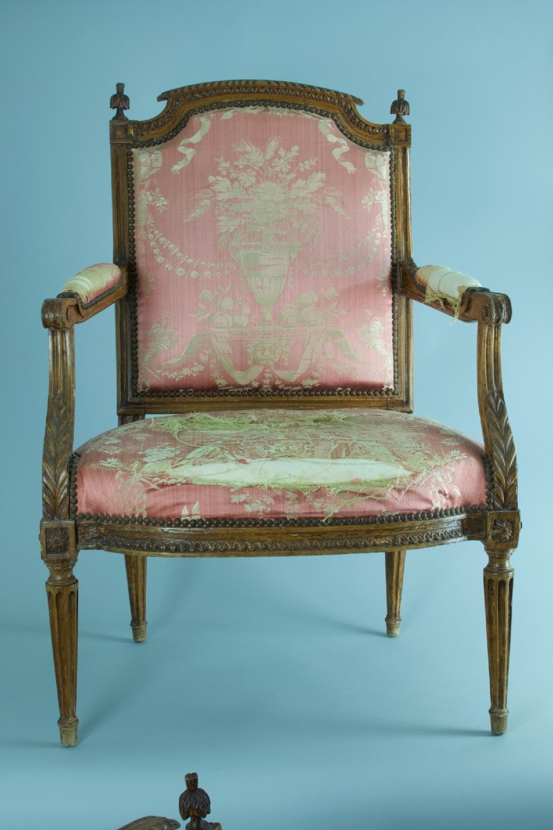 Antique Louis XVI Silk Gadroon Armchair Carved Plumet Wood 18th Time X 2 Style Of  Séné-photo-3