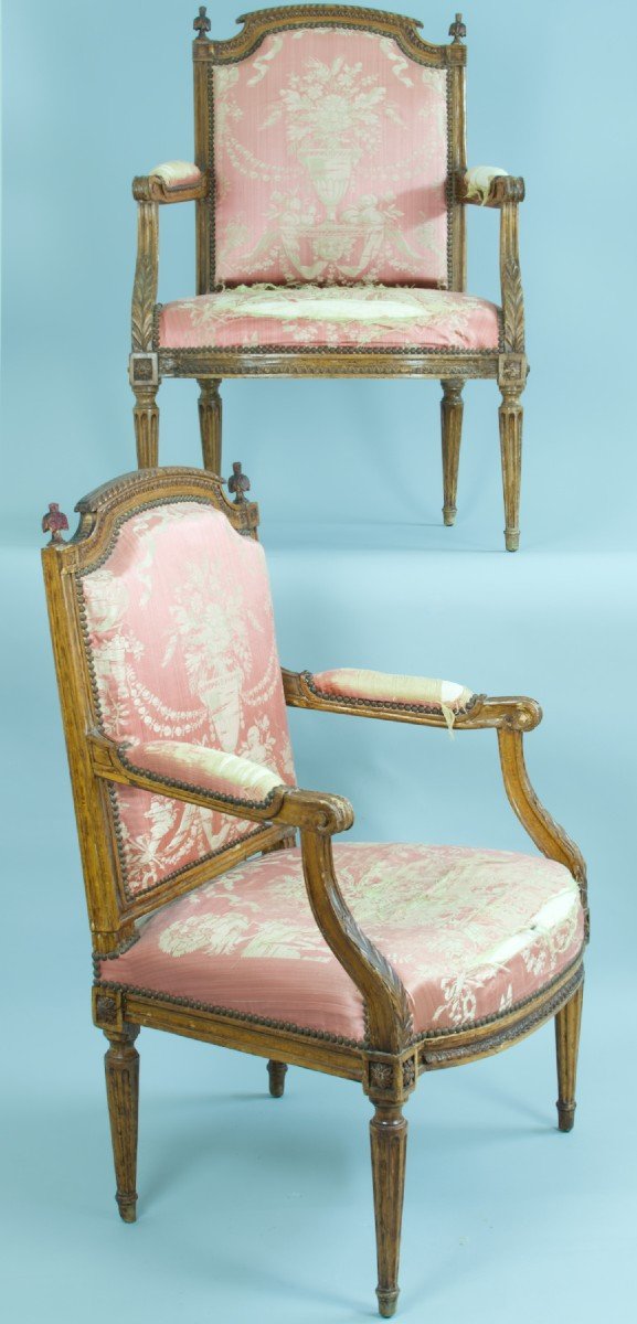 Antique Louis XVI Silk Gadroon Armchair Carved Plumet Wood 18th Time X 2 Style Of  Séné-photo-3