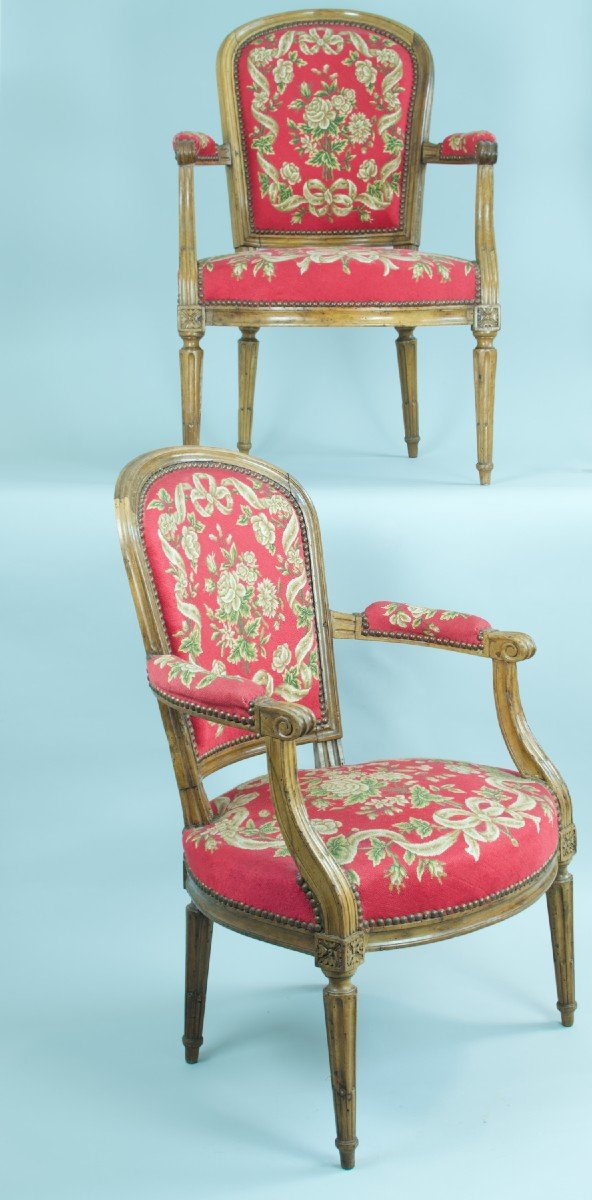 Ancien Fauteuil Louis XVI Tapisserie Bois Sculpté Fer à Cheval époque18 ème X 2