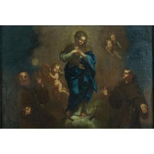 Old Religious Painting 17th Triumph Of The Virgin Saint Francis Saint Antoine