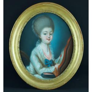 Ancien Tableau Pastel Portrait Jeune Fille Louis XVI Costume Lecture Coiffeuse Ovale cadre