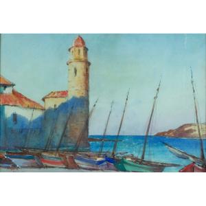 Old Large Marine Painting Seaside Boat View Of Collioure Art Deco Signed