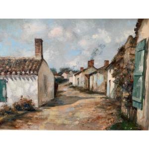 Henry Simon tableau ancien  vue village Vendéen Saint Vincent sur Jard Clemenceau