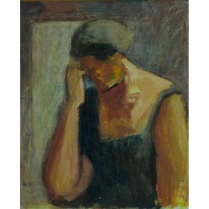 Beautiful Old Painting Portrait Of Pensive Woman Expressionist Scarf 1950 Hst