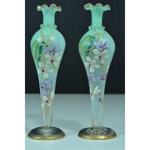 A Pair Of Large Old Enamelled Blown Glass Vases Golden Flower Bouquet 19th