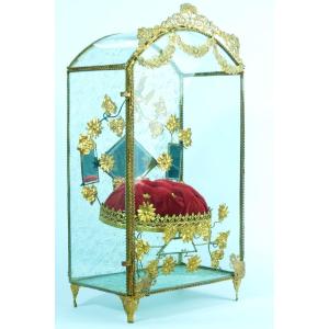 Grande Vitrine De Mariage Ancienne Dôme Miroir  panier fleuri noeud ruban 19 ème