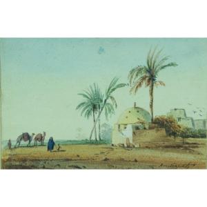 Antique Orientalist Painting 19th Amable Crapelet View Of Egypt Animated Mausoleum