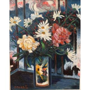 Roger Crusat Grand Tableau Moderne Grand Bouquet Fleurs Rose Montmartre Verrière Paris Jardin  50' 