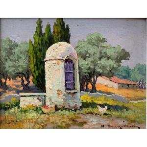 Brun-Marin Ancien Tableau Paysage Provençal Mas Poule Cyprès En été Signé  N°3