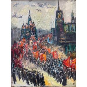 Ancien Tableau Vue Kremlin Russie Moscou Beris Défilé Place Rouge 1950 Judaica