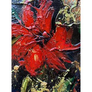 d'Anty Ancien Tableau Fleurs Nature Morte Expressionniste Amarilis Rouge Ibiscus  . 1970