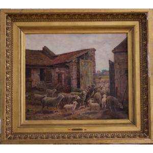 Ceramano Ancien Tableau éc. De Barbizon Bergerie Mouton Ferme  Diaz Paysage 19ème Belge Cadre