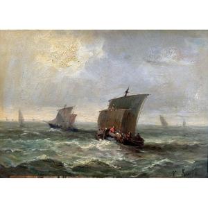 Old Marine Painting Sky Normandy Boat Sailboats At Sea Signed 19th