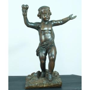 Old Large Religious Statue Love Putto Holding A Heart Carved Wood 17 Th