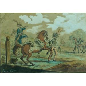 Toussaint Charlet  Ancien Dessin Empire Hussard Cavaliers Chevaux Signé 19e Militaria Camp