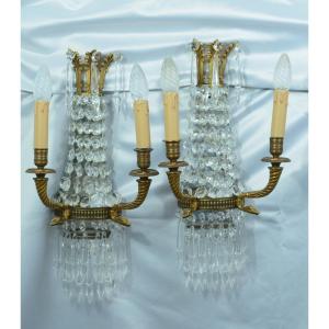 Large Louis XVI Wall Sconce Lamps Crystal Drops Papilles Swan Bronze Lucien Gau