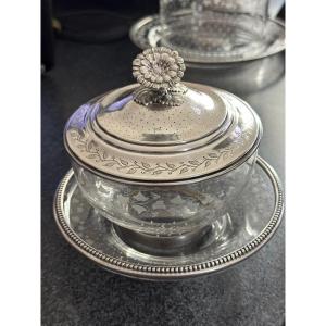 Antique Rare Confiturier Sterling Silver & Crystal 19th Massat Frères Orfèvre Table