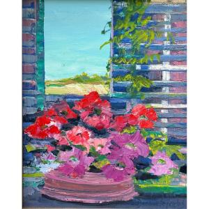 Danielle Fuchs Beautiful Modern Painting Bouquet Of Flowers Landscape Window Hst Frame Petunias