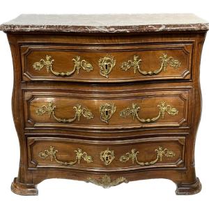 Old Small Curved Commode Louis XV Marmousets Bronze Marble Walnut Storage
