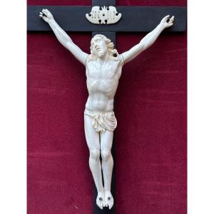 Ancien Important Christ Ivoire Crucifix Flamand 39 Cm Croix Religion Rare Cadre 18 ème